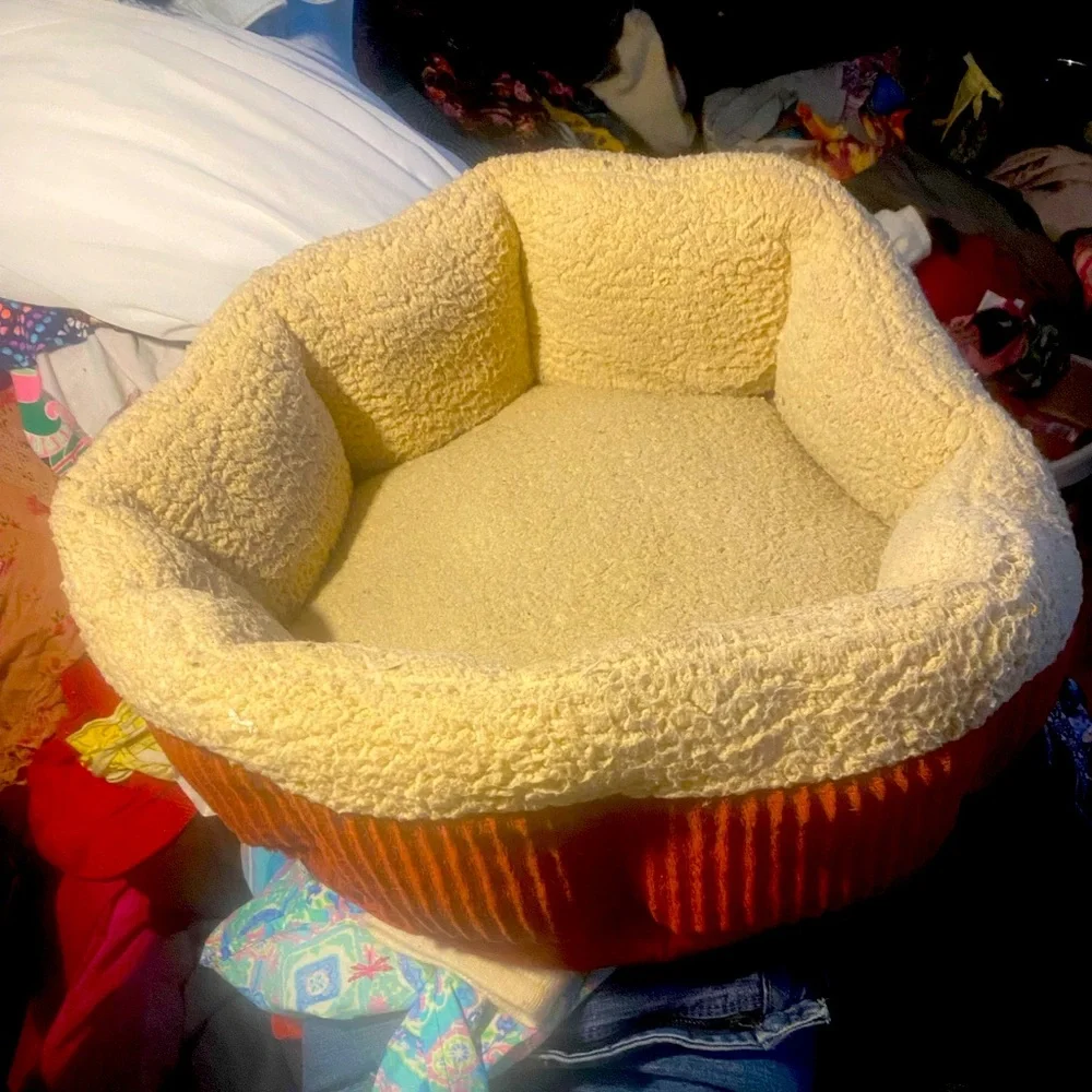 Cozy Tan and Orange Pet Bed Colors, shapes, or sizes may vary. Lets talk. 😊